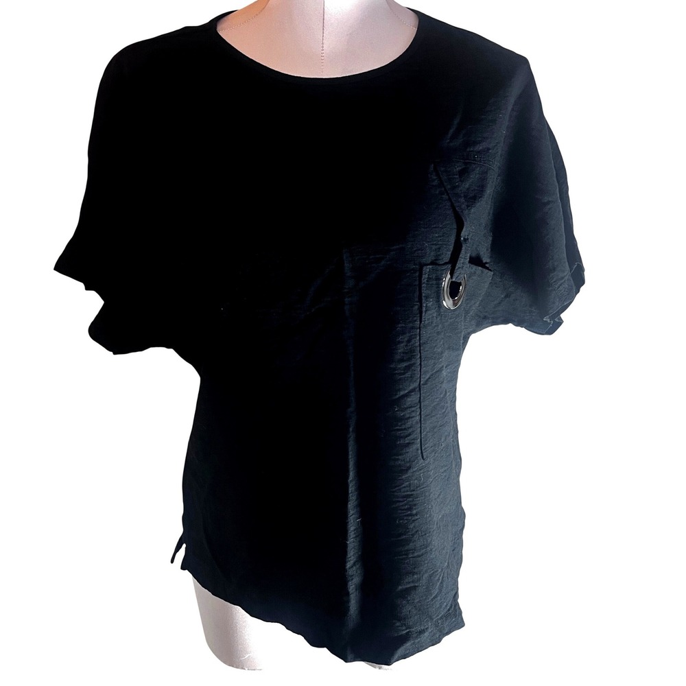 Pistachio Black Short Sleeve Boxy Metal Ring Pocket Top Size L Lagenlook Viscose